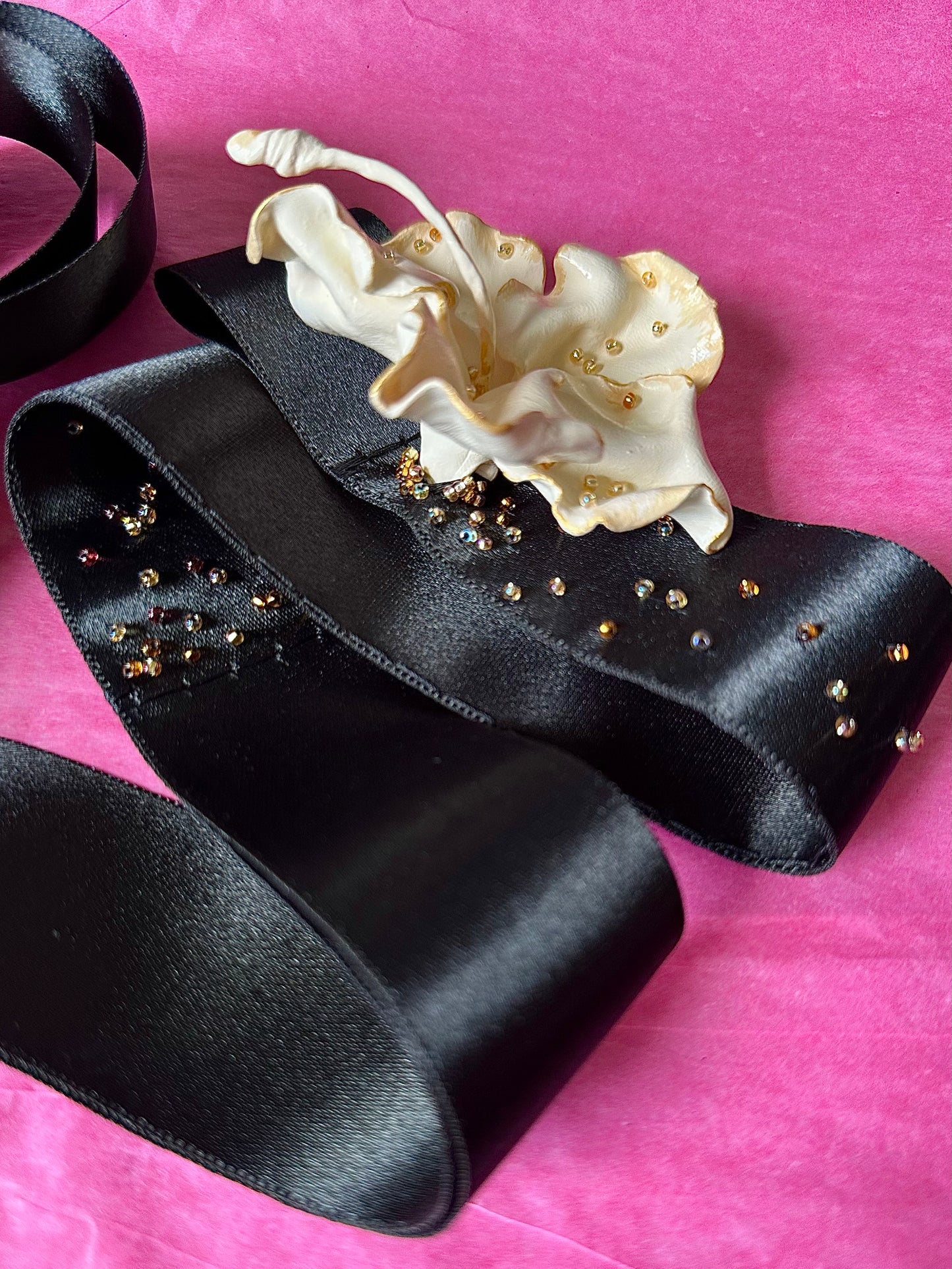 Ivory Hibiscus on a Black Ribbon