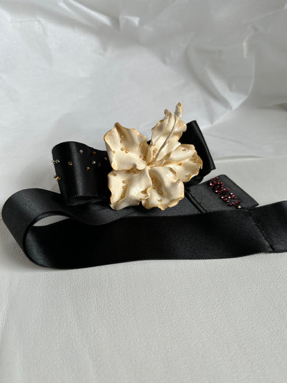 Ivory Hibiscus on a Black Ribbon